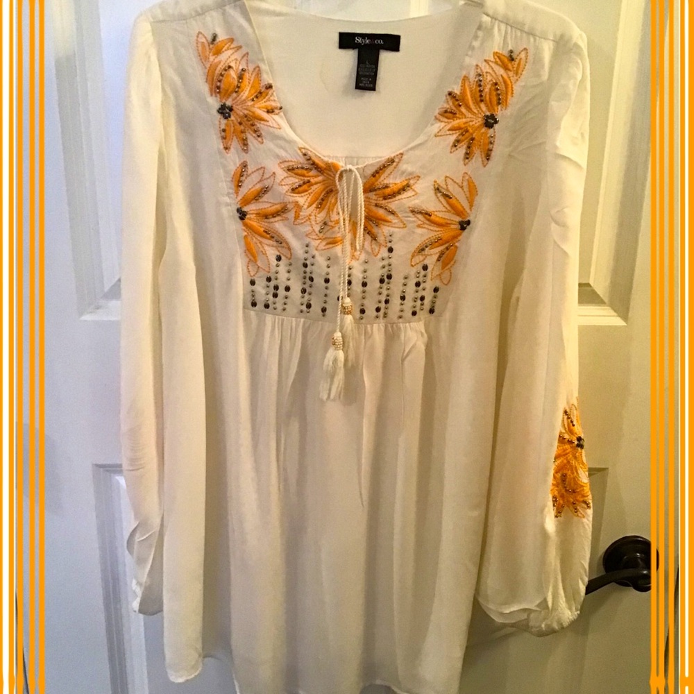 Style & Co. White and Orange Embroidered Top